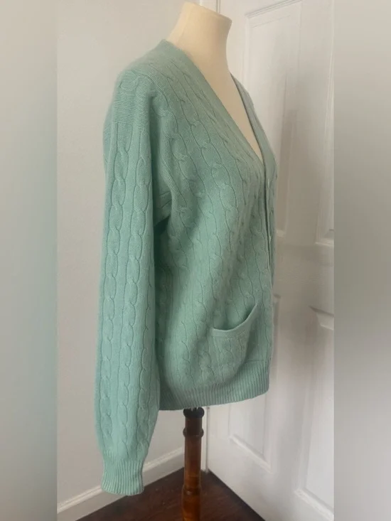 Vtg Polo Ralph Lauren Cashmere Cable Knit Cardigan Mint Green Size 40 Med READ - Picture 4 of 12